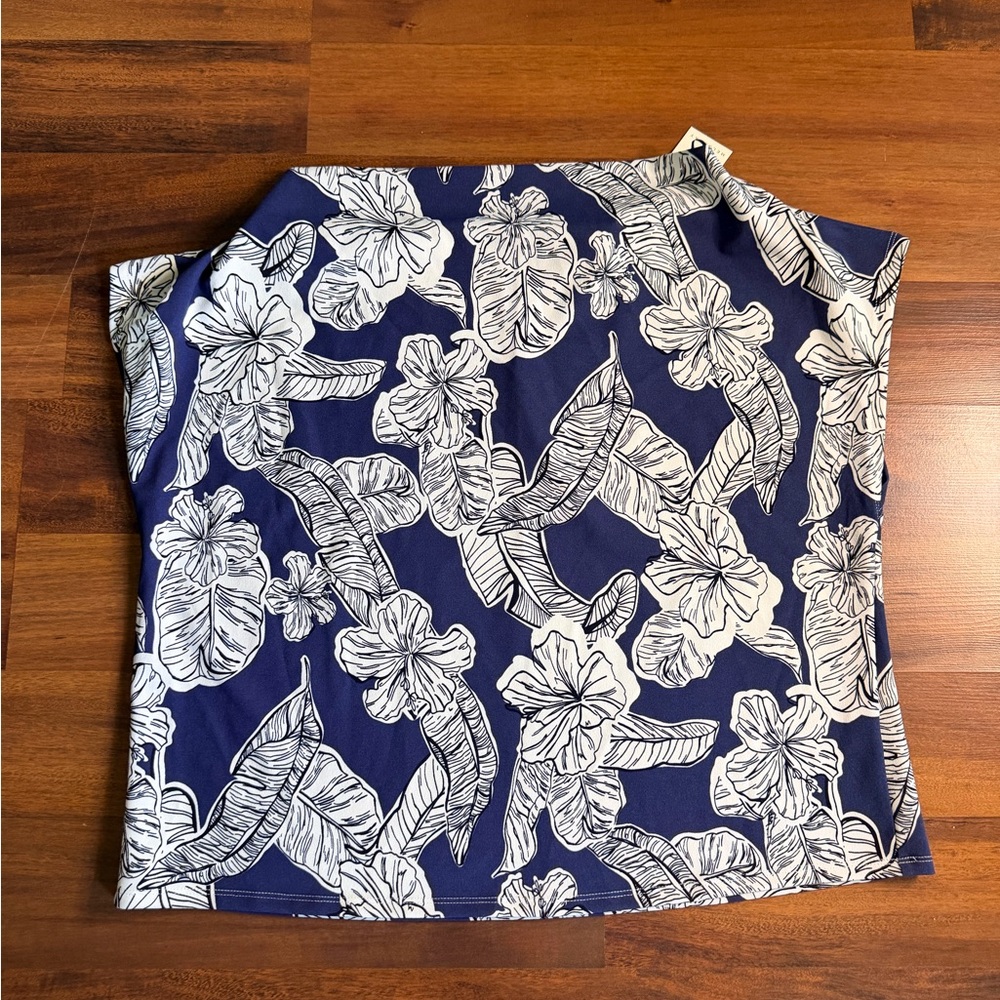 Tropical Floral Top XL Melloday Navy White Resort Vacation Sleeveless Blouse